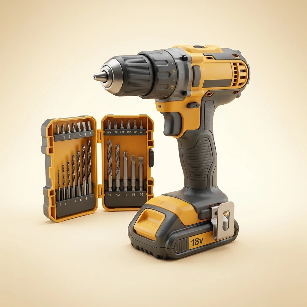 18V cordless drill driver with battery pack and drill bits