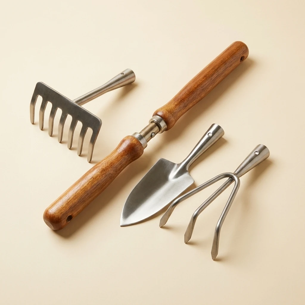 Multi-head garden tool set with wooden handle and interchangeable heads