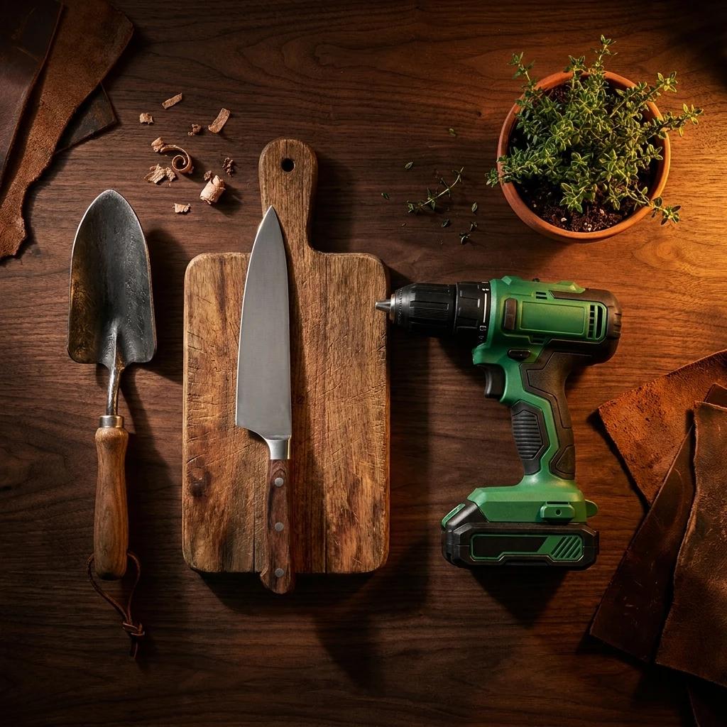 Home, garden, kitchen and DIY tools arranged on a dark walnut workbench