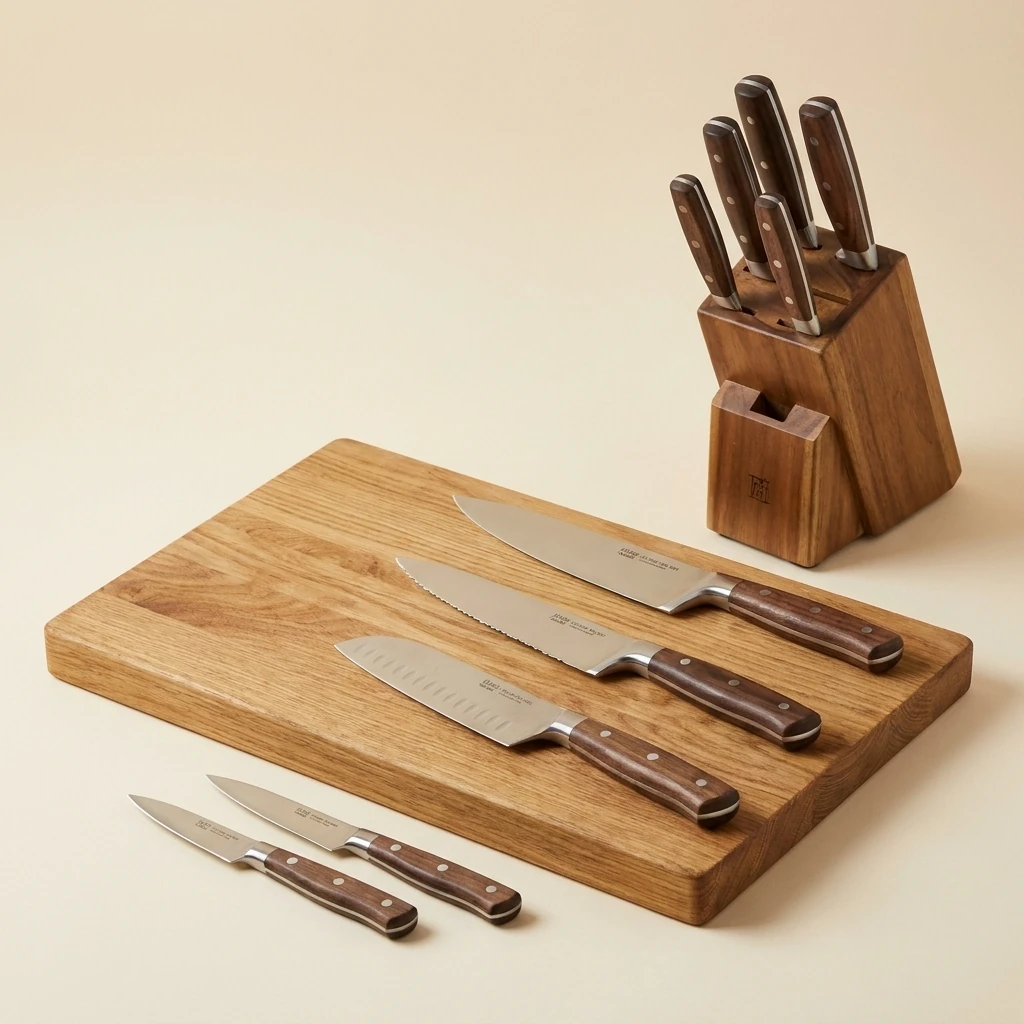 Kitchen knife set with dark wooden handles and an oak cutting board