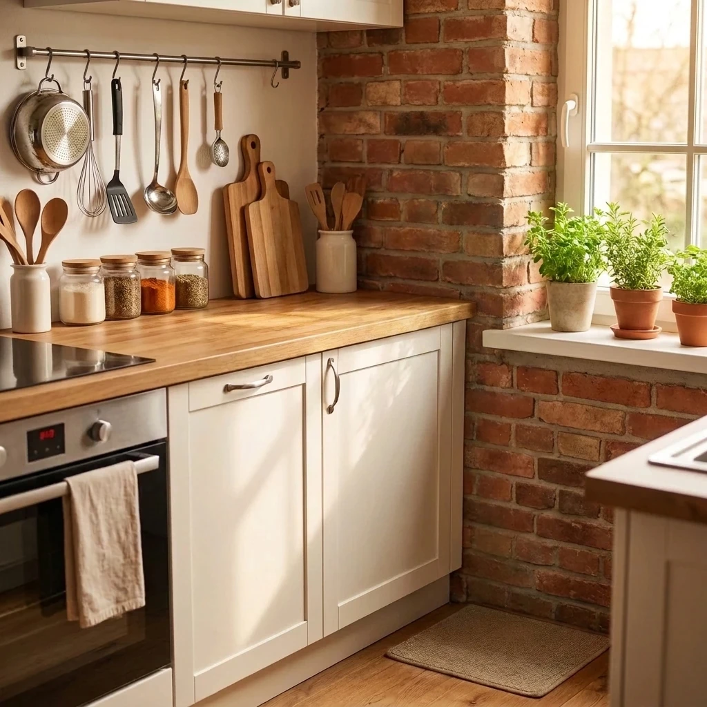 A neatly organised small kitchen with utensils and jars on a wooden worktop