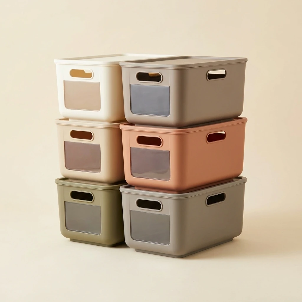 Set of six stackable storage bins in warm neutral tones