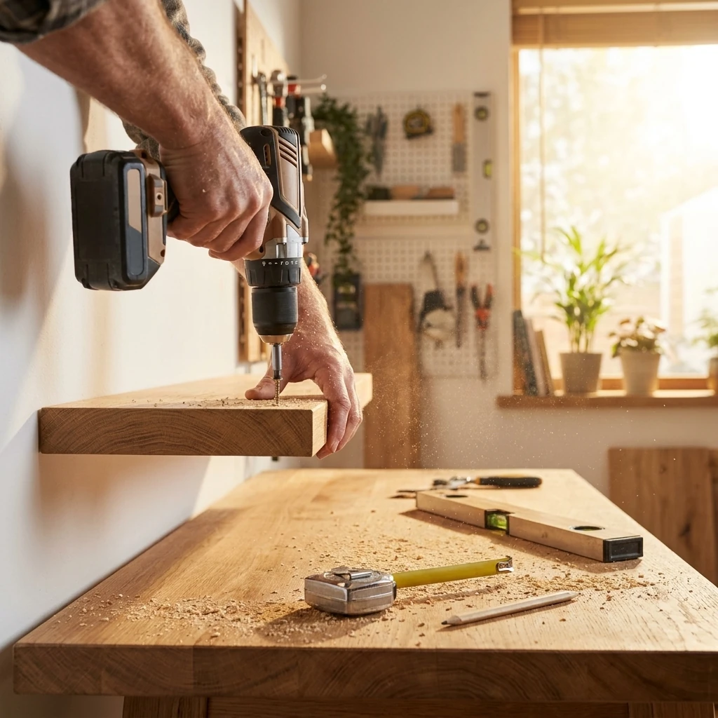 Hands using a cordless drill to build a wooden shelf in a home workshop